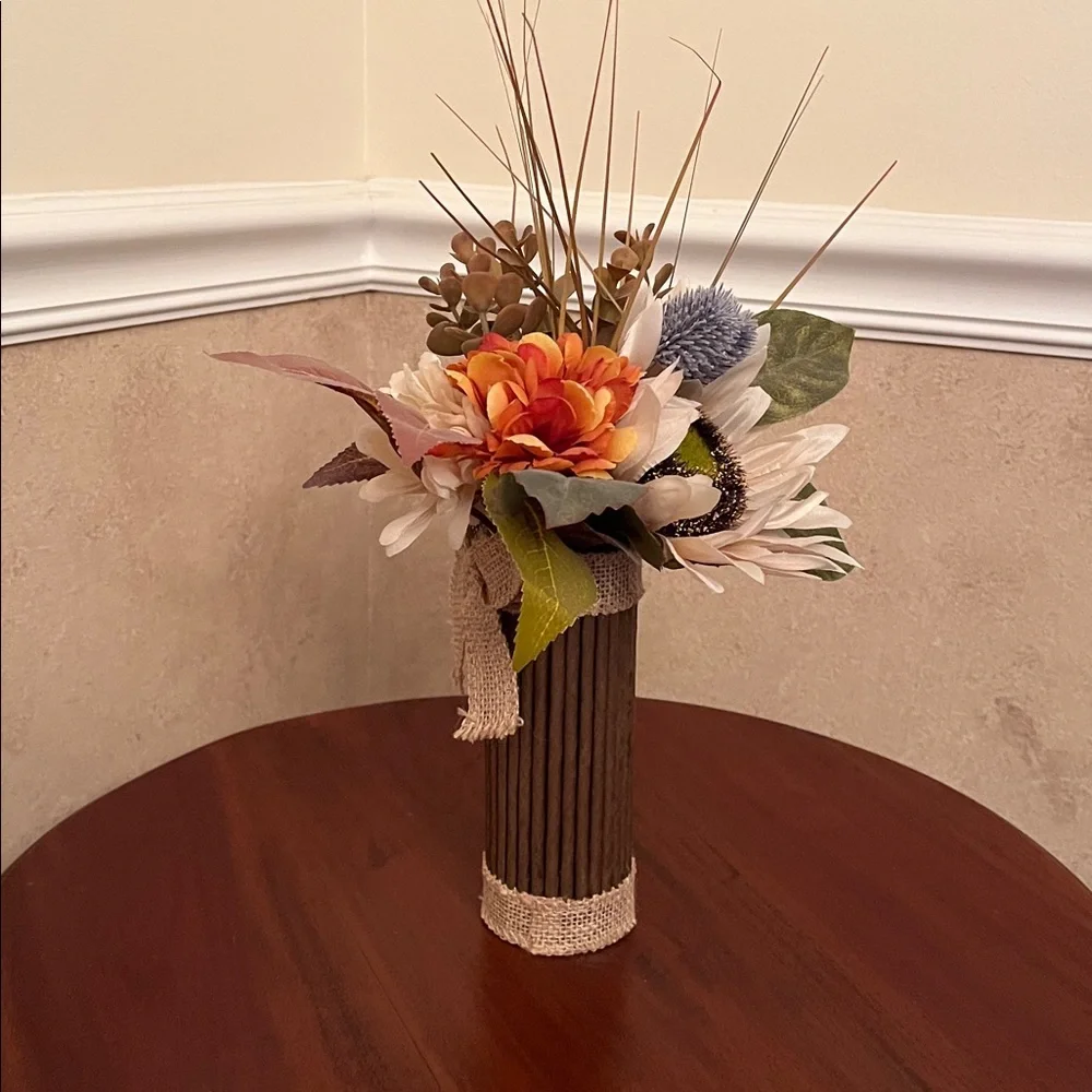 15” Rustic Fall Floral Arrangement in Twig Vase with Burlap Accent – NEW